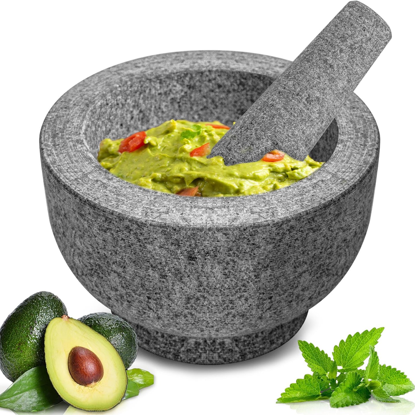 Luvan Mortar and Pestle Set,100% Granite,2 Cups polished Granite Mortar and Pestle, Fresh Guacamole, Salsa Grinding Guacamole,Salsa and Pesto,Kitchen Cooking Accessories, Non-Slip Mat-Grey/2Cup