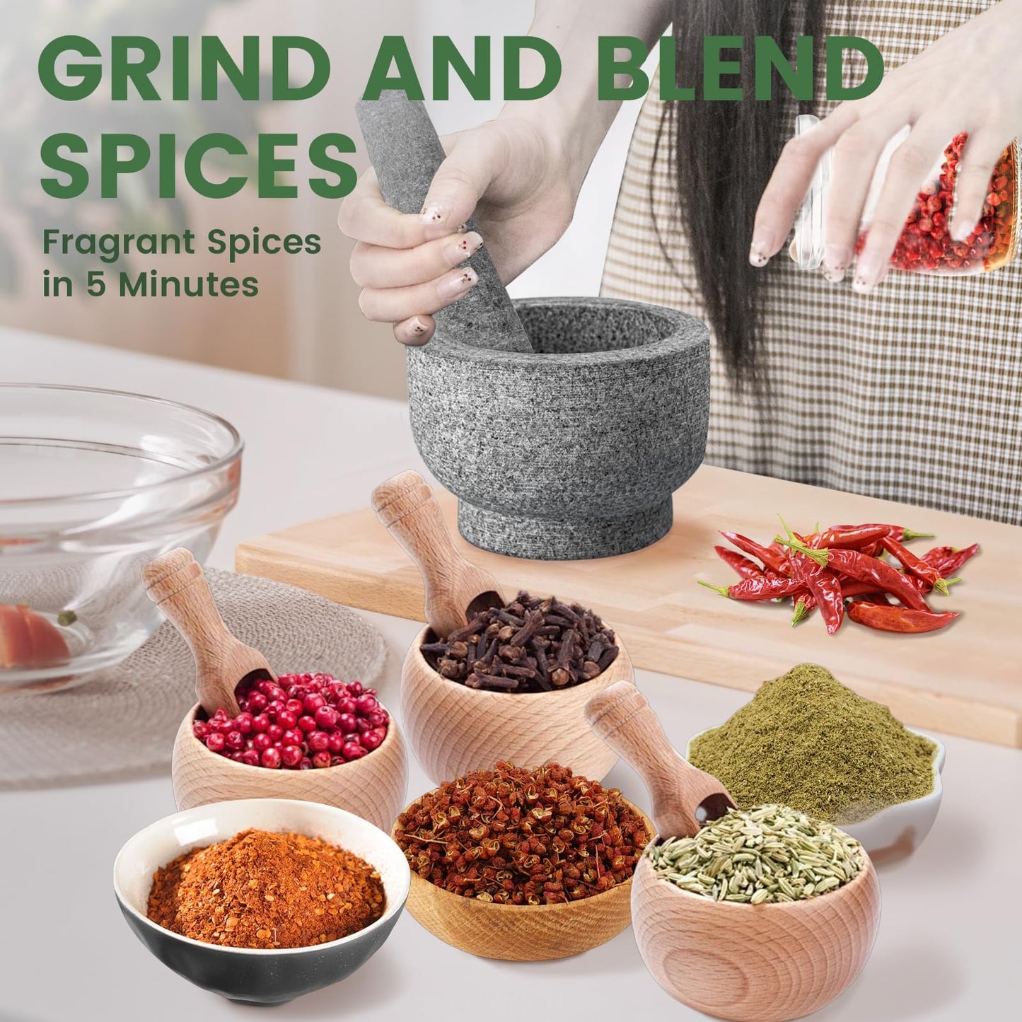 Luvan Mortar and Pestle Set,100% Granite,2 Cups polished Granite Mortar and Pestle, Fresh Guacamole, Salsa Grinding Guacamole,Salsa and Pesto,Kitchen Cooking Accessories, Non-Slip Mat-Grey/2Cup