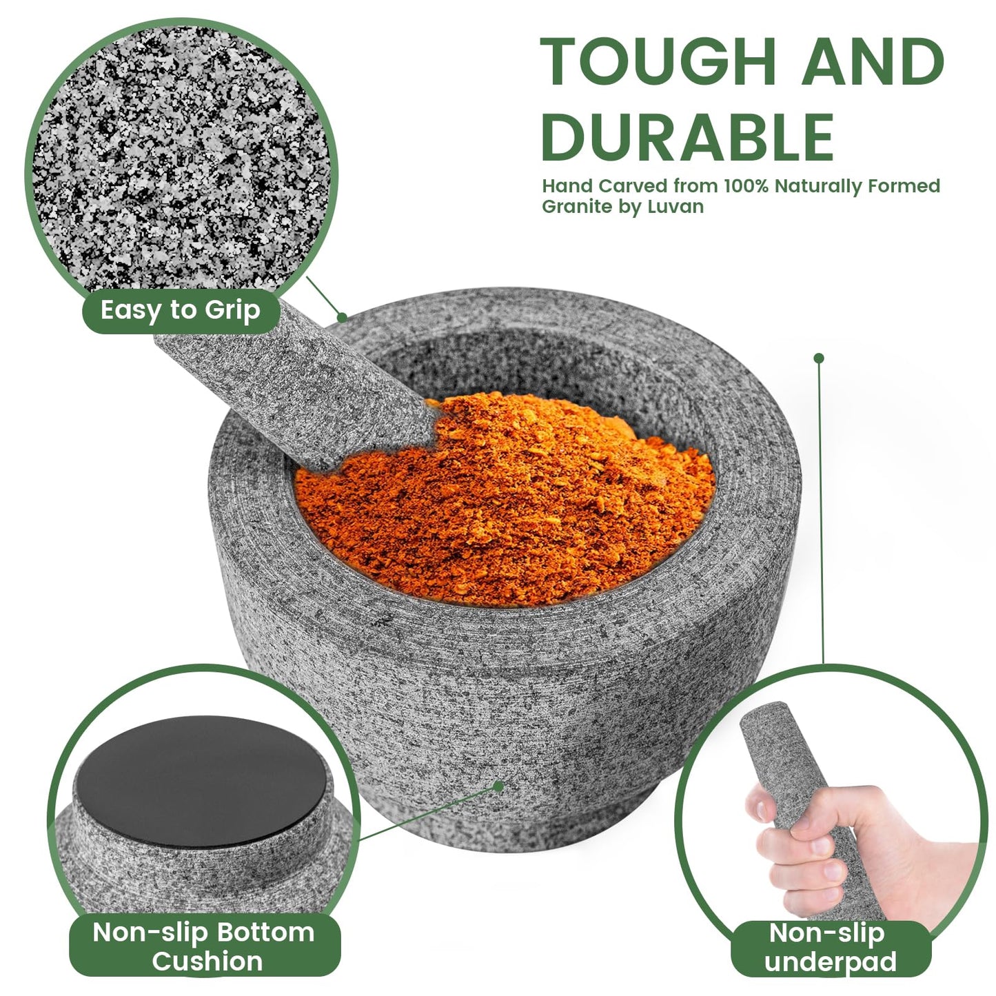 Luvan Mortar and Pestle Set,100% Granite,2 Cups polished Granite Mortar and Pestle, Fresh Guacamole, Salsa Grinding Guacamole,Salsa and Pesto,Kitchen Cooking Accessories, Non-Slip Mat-Grey/2Cup