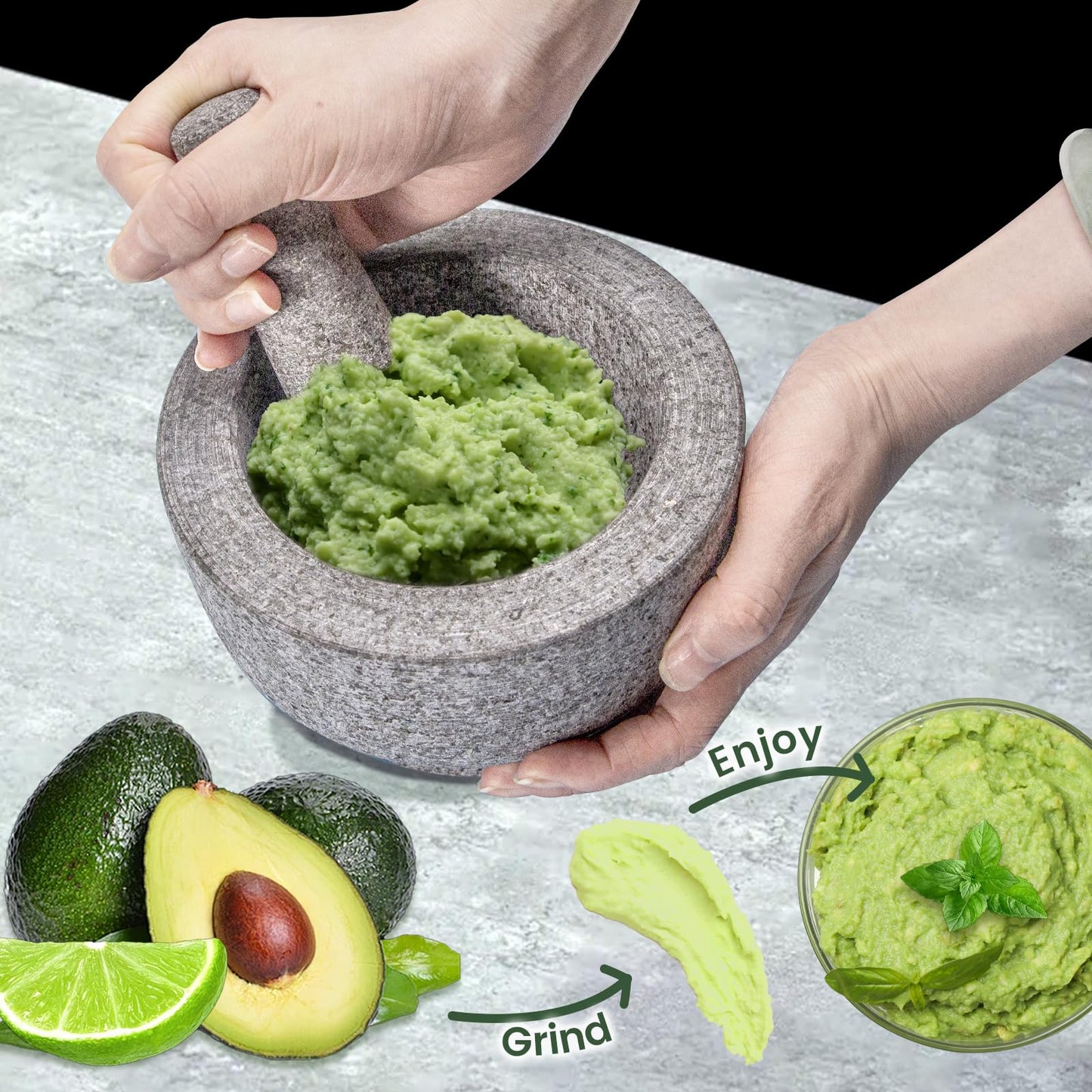 Luvan Mortar and Pestle Set,100% Granite,2 Cups polished Granite Mortar and Pestle, Fresh Guacamole, Salsa Grinding Guacamole,Salsa and Pesto,Kitchen Cooking Accessories, Non-Slip Mat-Grey/2Cup