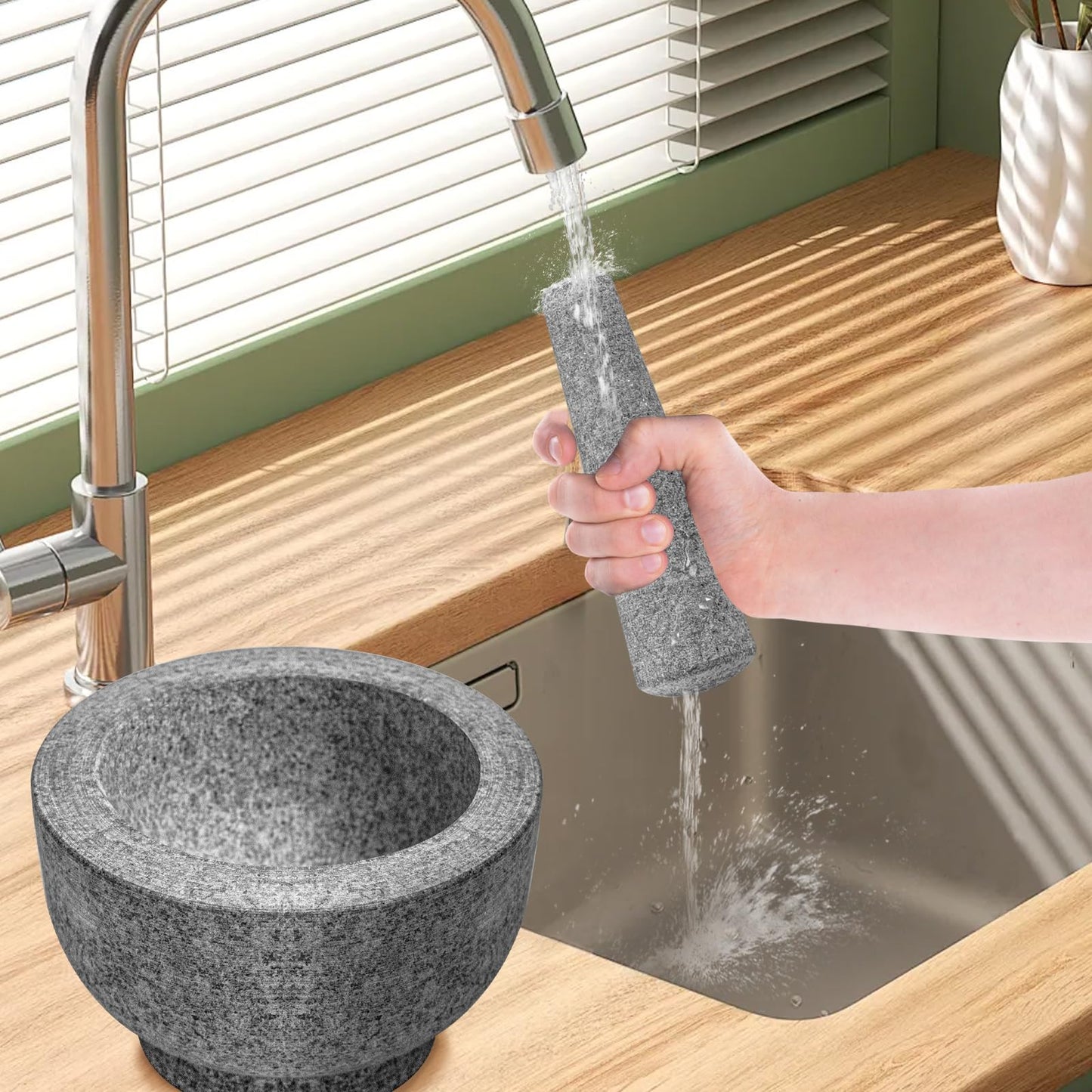 Luvan Mortar and Pestle Set,100% Granite,2 Cups polished Granite Mortar and Pestle, Fresh Guacamole, Salsa Grinding Guacamole,Salsa and Pesto,Kitchen Cooking Accessories, Non-Slip Mat-Grey/2Cup