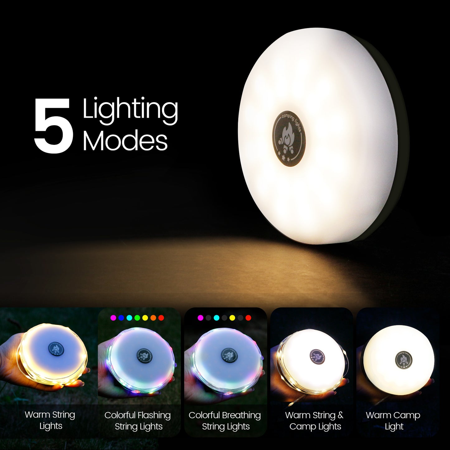 Camping String Lights, 2 in 1 String Lights with 8 Adjustable Modes, LED Camping Lantern Rechargeable