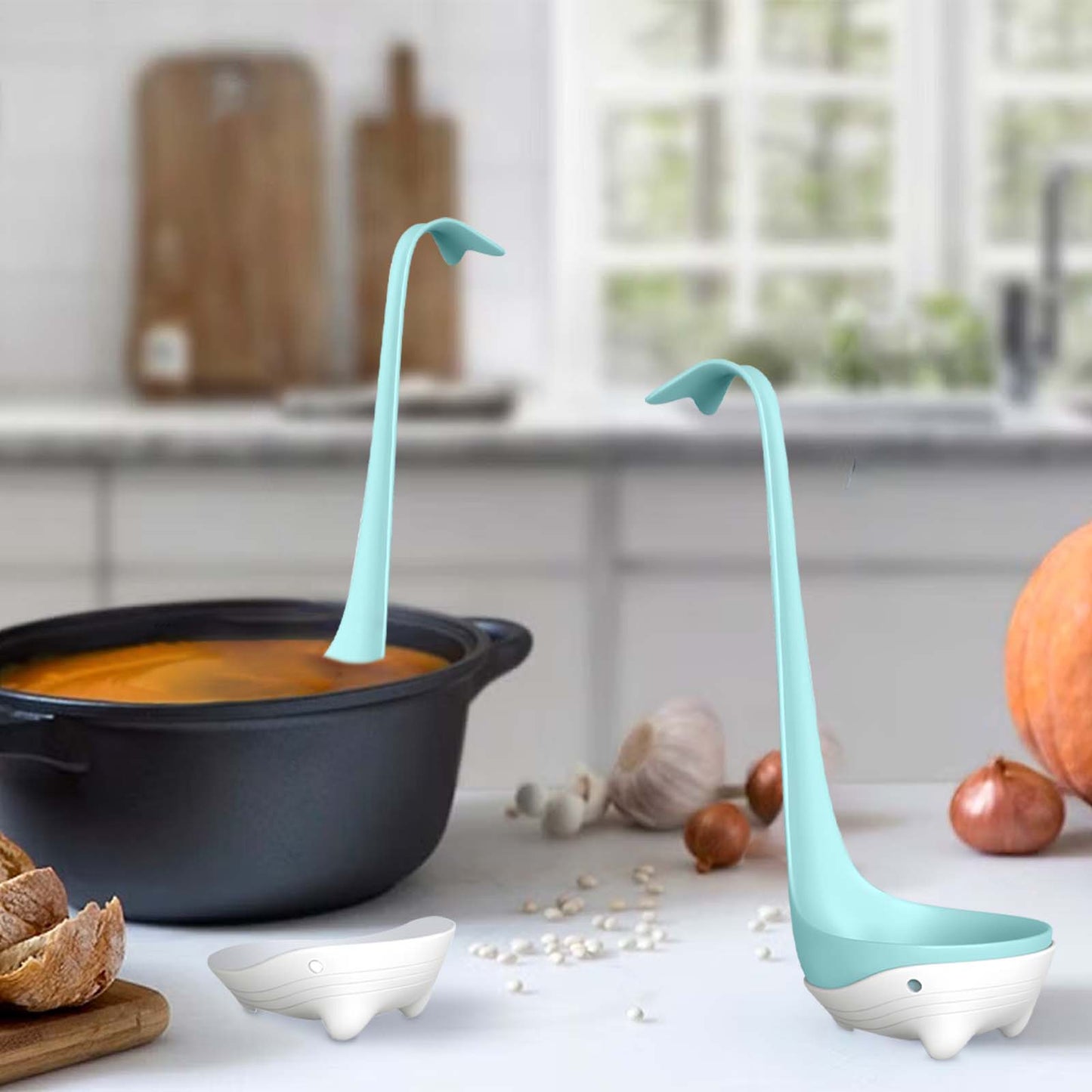 Luvan 2 Pack Whale Soup Ladle & Slotted Strainer Sets with Base