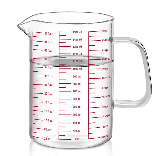 50oz/6 Cups Glass Measuring Cup, Easy to Read with 3 measurement scales (Ml/Oz/Cup)