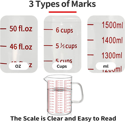 50oz/6 Cups Glass Measuring Cup, Easy to Read with 3 measurement scales (Ml/Oz/Cup)