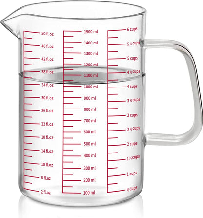 50oz/6 Cups Glass Measuring Cup, Easy to Read with 3 measurement scales (Ml/Oz/Cup)