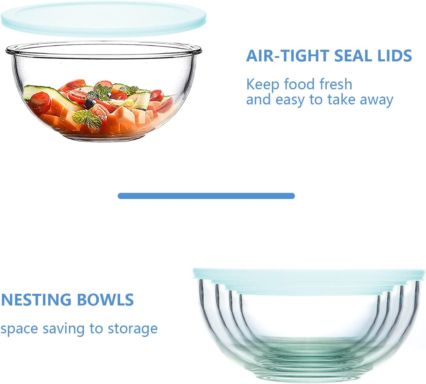 Borosilicate Clear Glass Mixing Bowls with Lids Set of 4 (0.53qt, 1.1qt, 2.1qt, 3.7qt)