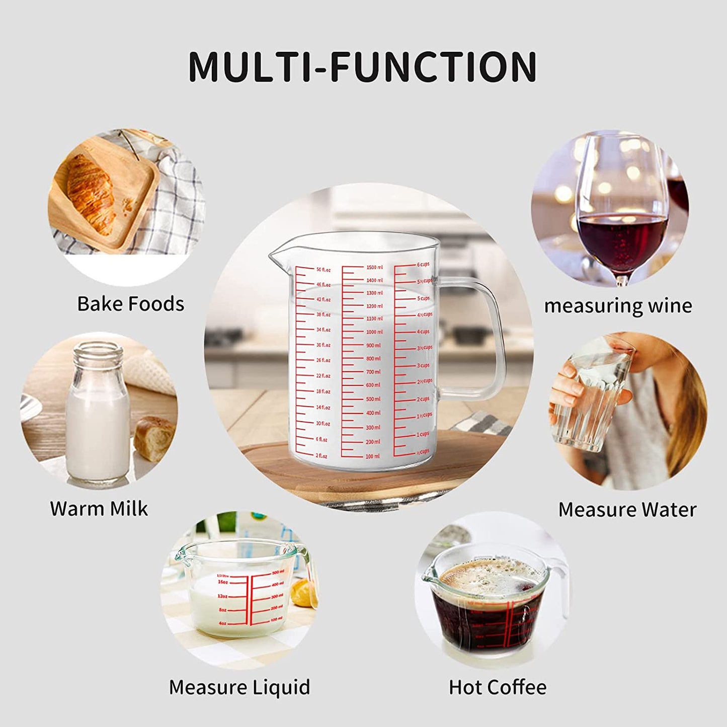 50oz/6 Cups Glass Measuring Cup, Easy to Read with 3 measurement scales (Ml/Oz/Cup)