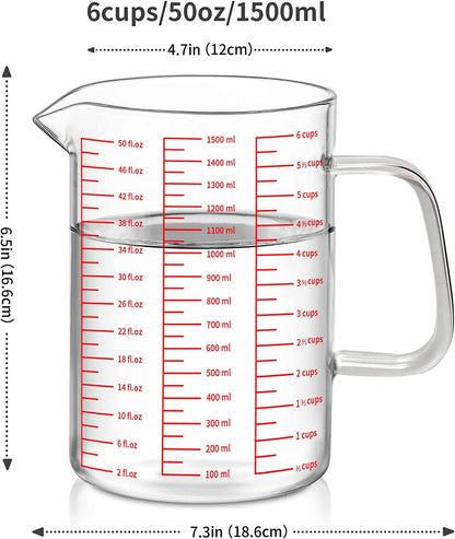 50oz/6 Cups Glass Measuring Cup, Easy to Read with 3 measurement scales (Ml/Oz/Cup)